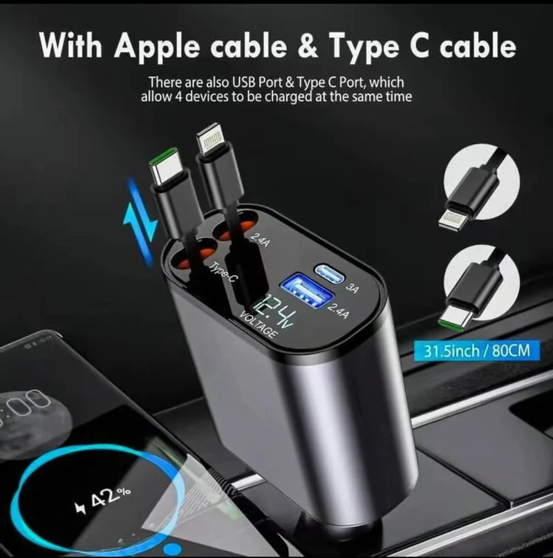 (120W) Premium 4-in-1 Retractable Car Charger Adapter(iPhone/Type C Cable)