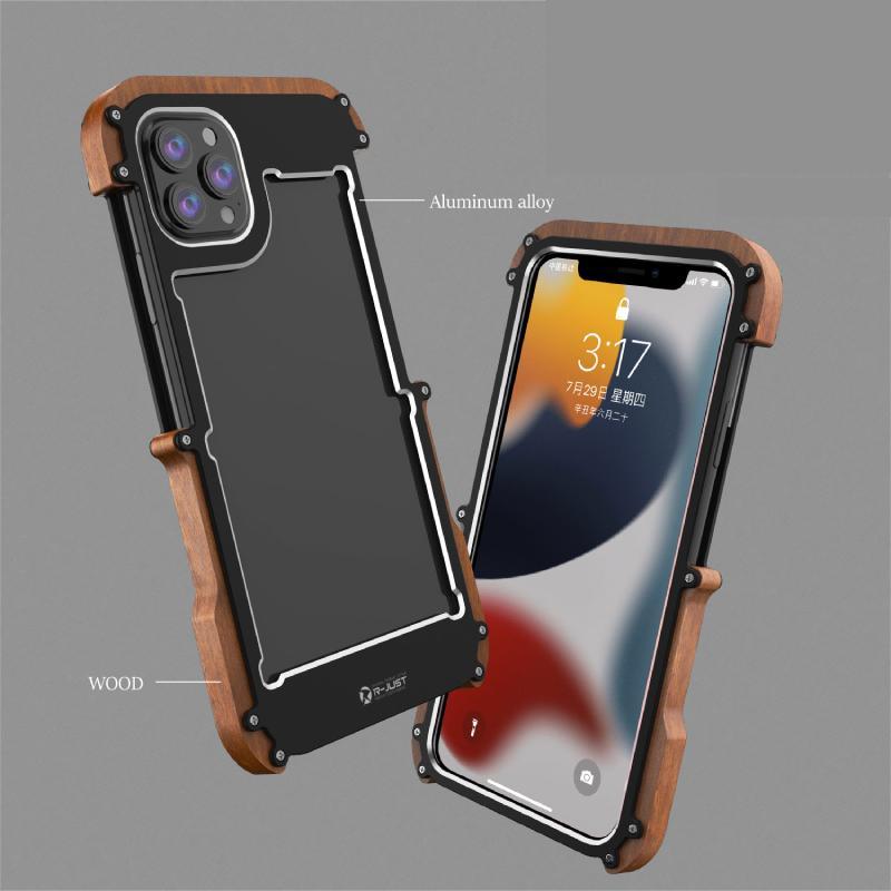 R-Just Aluminium Natural Wood Anti Shock Bumper Case - iPhone