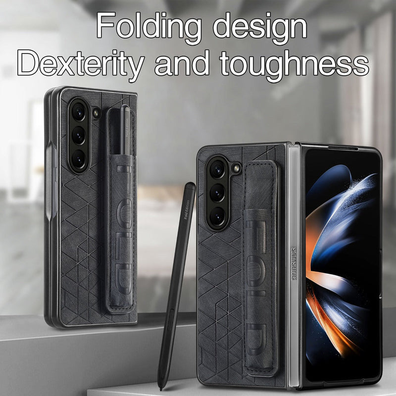 Galaxy Z Fold5 Elegant Leather Wristband & Pen Holder Case