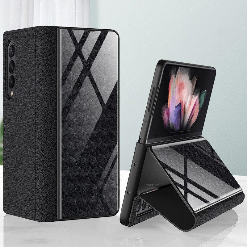 Galaxy Z Fold3 Grid Weaving Pattern Glass Flip Case