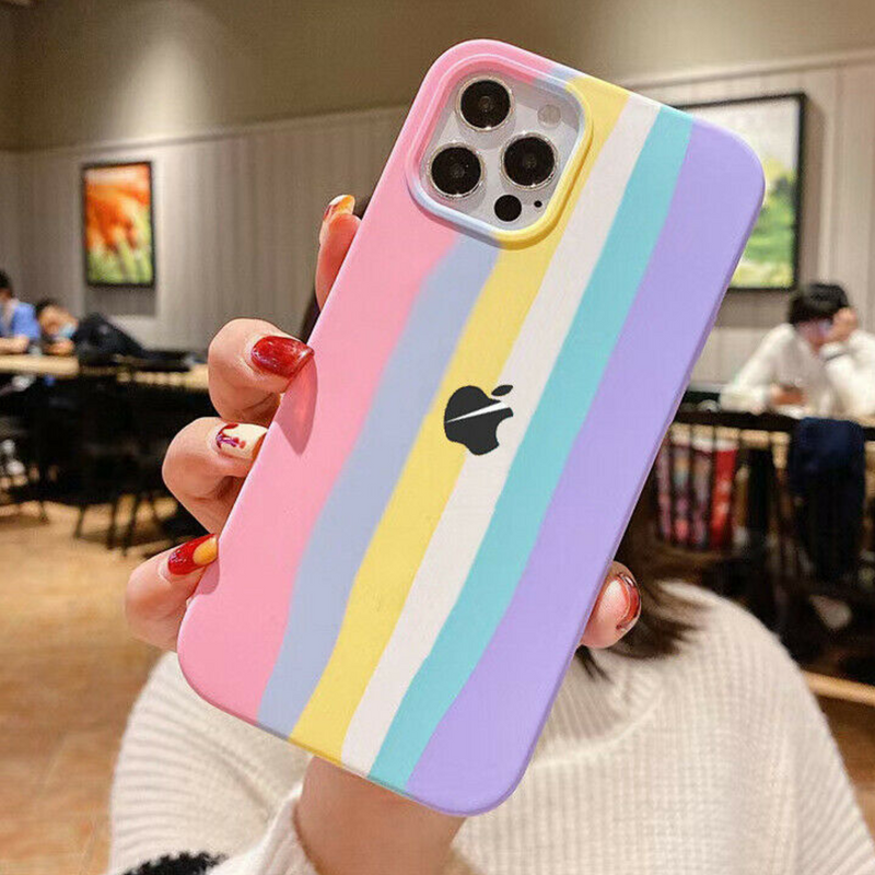 iPhone Series Rainbow Liquid Silicone Logo Case With Tempered Glass