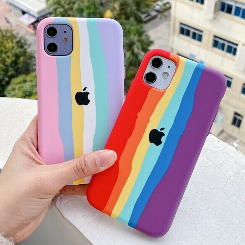 iPhone Series Rainbow Liquid Silicone Logo Case With Tempered Glass